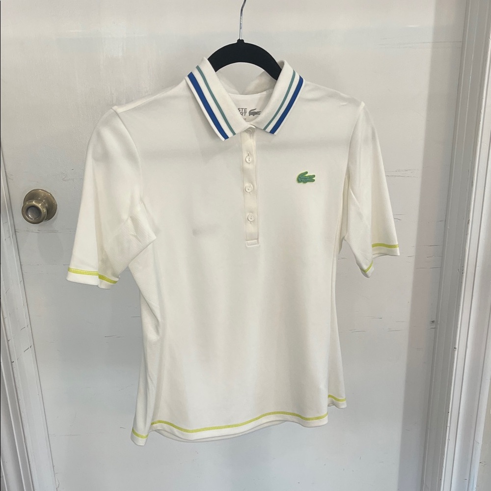 Lacoste Women's White Polo with Blue and Yellow Trim